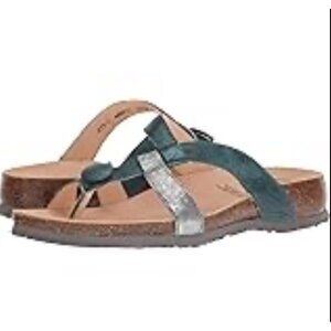 Think! Julia Damen Metallic Leather Sandals | Green Silver Cork Footbed Comfort